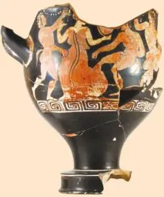 Kanfar red-figure with a scene of dancing maenads and satyrs. Delirium complex.