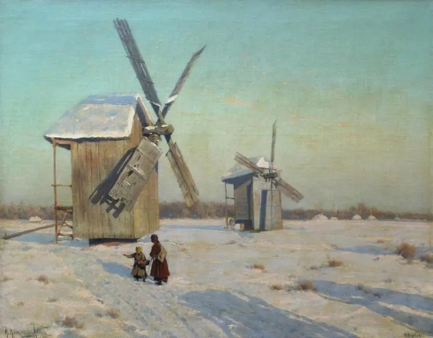 Winter landscape with mills